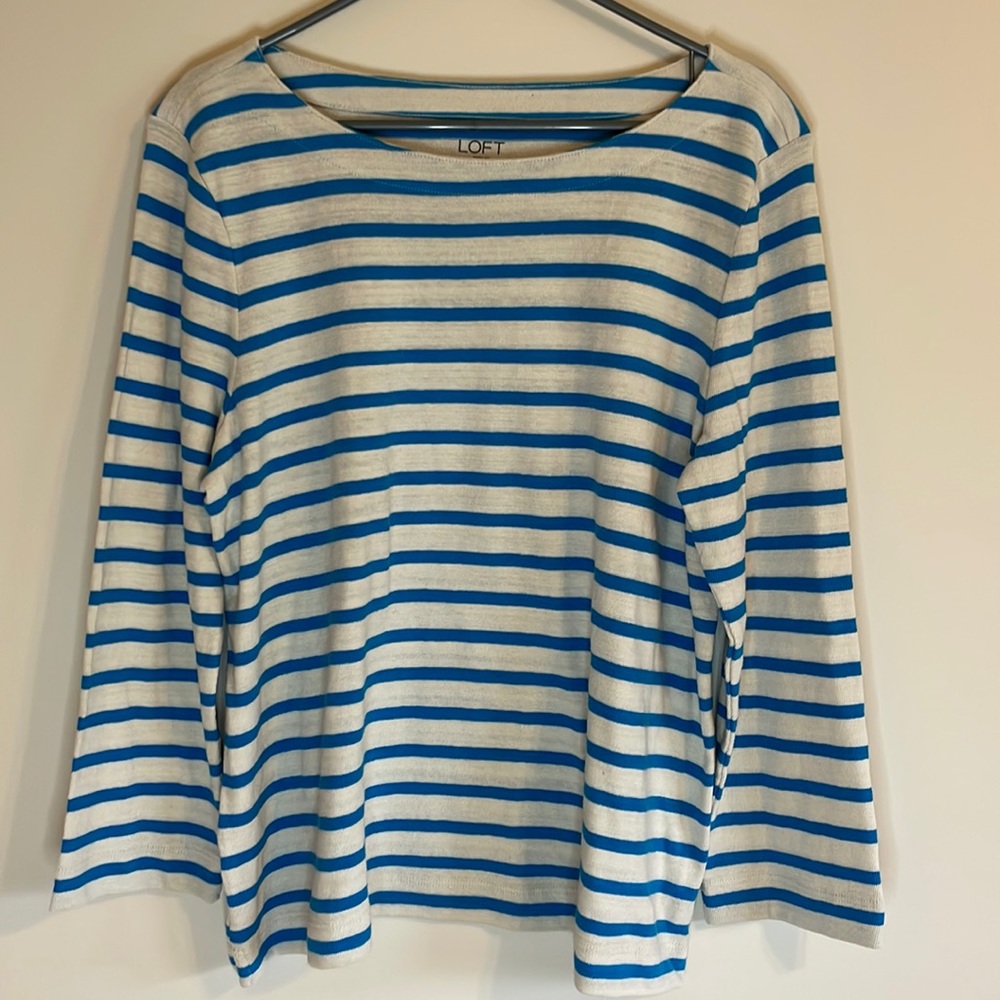 LOFT Outlet Womens XL Cream and Blue Striped Lightweight Sweater Long Sleeve